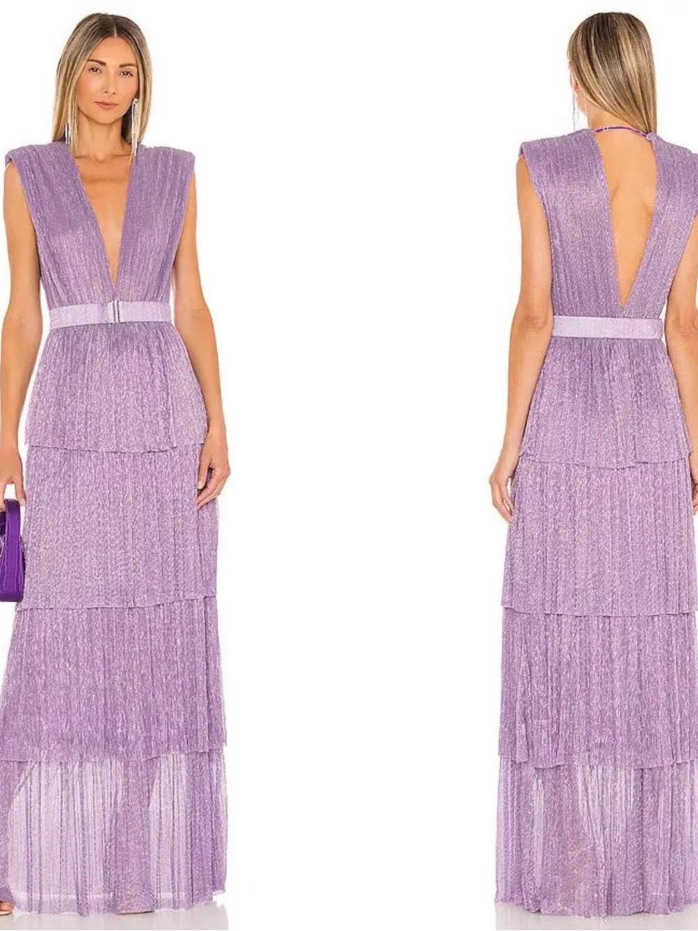 SABINA MUSAYEV Skylar Deep V Pleated Tiered Metallic Purple Maxi Dress Size XS